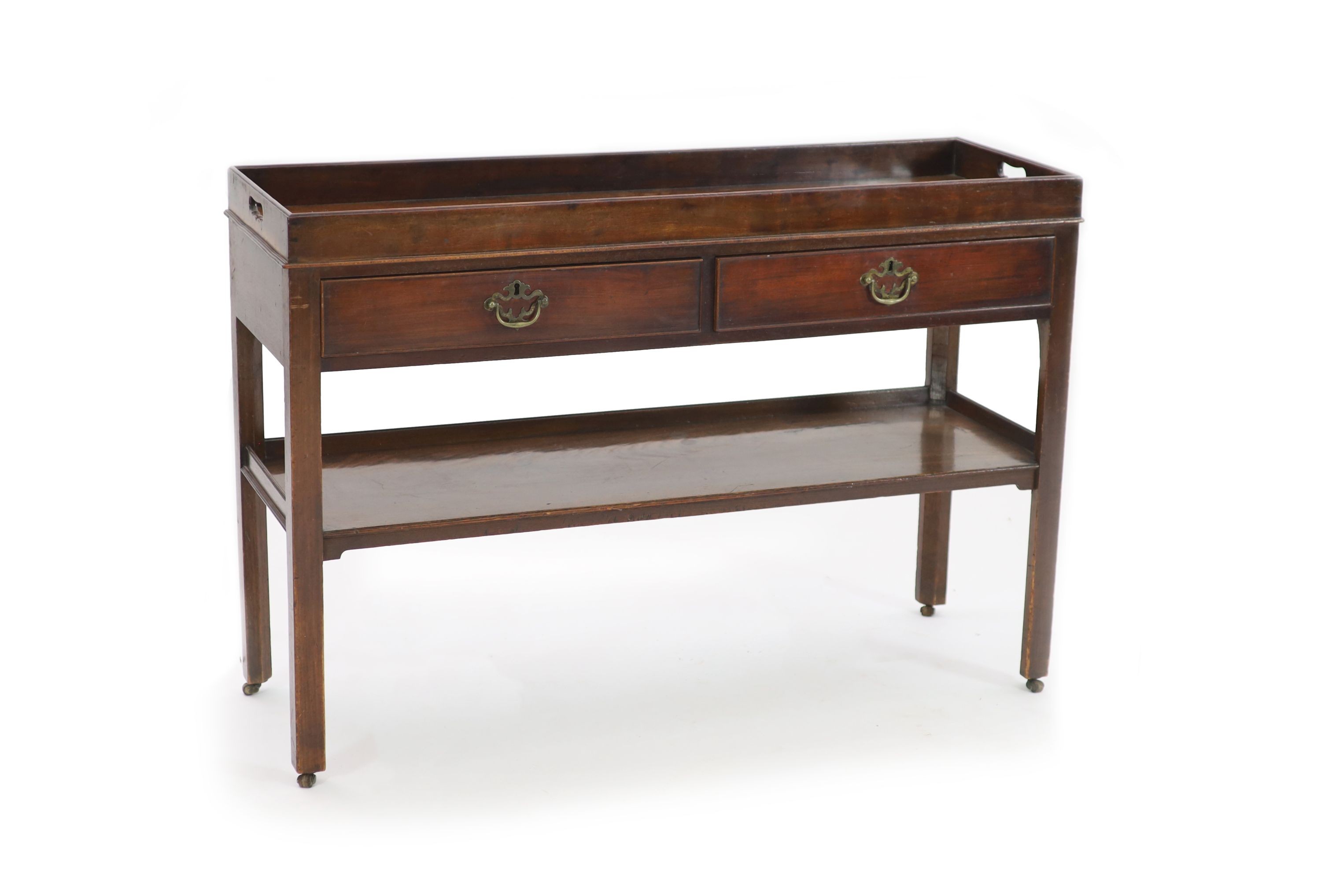 A George III mahogany tray top side table, W.115cm D.38cm H.79cm